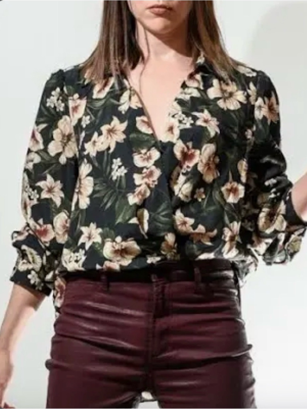 Rachel by Rachel Roy satin Black Floral Wrap Blouse with Cream & Blush Accents